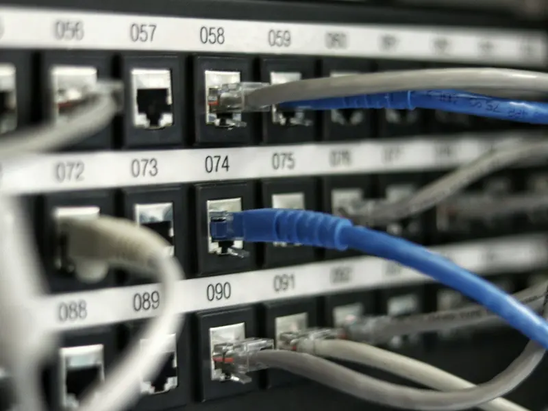 Blue and grey CAT6 patch cords in a numbered RJ45 patch panel