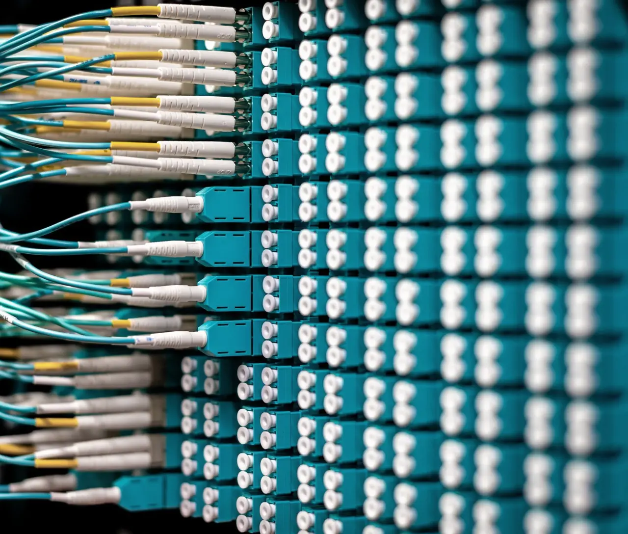 Aqua multimode LC duplex patch cords plugged into a dense fiber patch panel